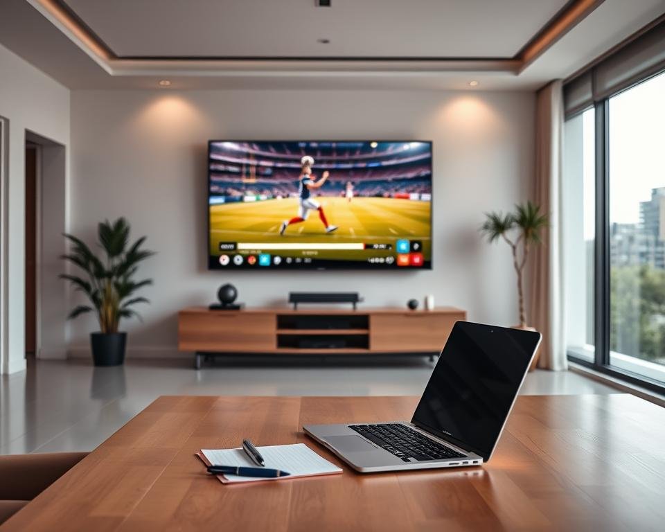 A modern, minimalist office space with clean lines and a sleek, professional atmosphere. In the foreground, a stylish desk with a laptop, notepad, and pen, symbolizing flexible IPTV subscription options. The middle ground features a large, high-resolution flat-screen TV mounted on the wall, displaying a vibrant, high-quality sports broadcast. The background showcases floor-to-ceiling windows, allowing natural light to flood the room and create a bright, airy ambiance. Warm, neutral tones and subtle, indirect lighting contribute to the overall sense of sophistication and flexibility. A modern, minimalist office space with clean lines and a sleek, professional atmosphere. In the foreground, a stylish desk with a laptop, notepad, and pen, symbolizing flexible IPTV subscription options. The middle ground features a large, high-resolution flat-screen TV mounted on the wall, displaying a vibrant, high-quality sports broadcast. The background showcases floor-to-ceiling windows, allowing natural light to flood the room and create a bright, airy ambiance. Warm, neutral tones and subtle, indirect lighting contribute to the overall sense of sophistication and flexibility.