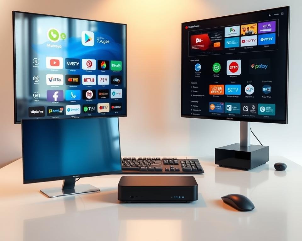 A modern, minimalist workspace featuring a variety of popular IPTV apps and software displayed on sleek, high-resolution screens. The foreground showcases various app icons and logos, meticulously arranged to create a visually appealing and informative composition. The middle ground presents a clean, uncluttered desk with a keyboard, mouse, and other minimal accessories, all bathed in warm, natural lighting that creates a sense of sophistication. The background subtly fades into a soft, blurred gradient, allowing the focus to remain on the IPTV apps and software. The overall mood is one of professionalism, technology, and a touch of elegance, perfectly capturing the essence of the "Populaire IPTV apps en software" section.