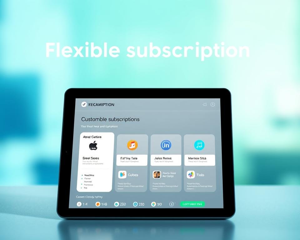 A modern, minimalistic illustration of flexible subscription options. In the foreground, a tablet device displaying customizable subscription plans with intuitive, clean UI design. The middle ground features a diverse range of multimedia icons, representing the breadth of content available. The background has a soft, blurred gradient in soothing shades of blue and green, creating a calming, professional atmosphere. The lighting is soft and diffuse, with gentle shadows adding depth. The camera angle is slightly elevated, giving an overview of the scene. The overall mood is one of flexibility, accessibility, and technological sophistication. A modern, minimalistic illustration of flexible subscription options. In the foreground, a tablet device displaying customizable subscription plans with intuitive, clean UI design. The middle ground features a diverse range of multimedia icons, representing the breadth of content available. The background has a soft, blurred gradient in soothing shades of blue and green, creating a calming, professional atmosphere. The lighting is soft and diffuse, with gentle shadows adding depth. The camera angle is slightly elevated, giving an overview of the scene. The overall mood is one of flexibility, accessibility, and technological sophistication.