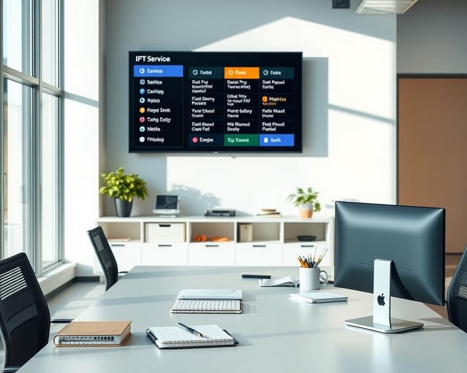 A modern office interior with a large desk showcasing a desktop computer, notebook, and various office supplies. The lighting is bright and natural, creating a professional and organized atmosphere. In the background, a wall-mounted television displays a menu interface with various service options, representing the selection criteria for an IPTV service. The scene conveys the concept of carefully evaluating and choosing an IPTV provider, reflecting the section title "Waarop letten bij het kiezen van een IPTV-dienst?".