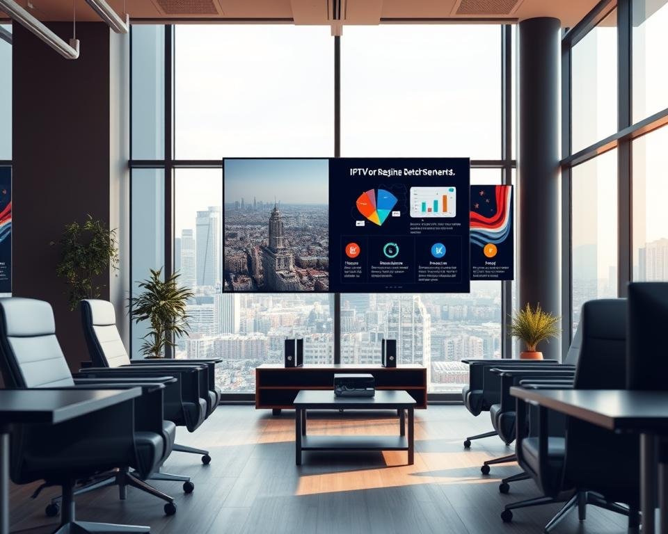 A modern office interior with a large display screen showcasing IPTV services for businesses in the Netherlands. The foreground features sleek, minimalist office furniture and equipment, suggesting a professional, tech-savvy environment. The middle ground highlights the display screen, presenting detailed information and graphics about the benefits of IPTV for Dutch enterprises. The background depicts a panoramic view of a bustling city skyline, hinting at the broader commercial context. Warm, natural lighting floods the scene, creating a sense of productivity and innovation. The overall composition conveys the comprehensive, tailored nature of IPTV solutions for the Dutch business market.