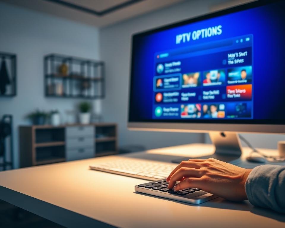 A modern office setting with a computer screen displaying cost-saving IPTV options. In the foreground, a person's hands typing on a sleek, minimal keyboard. Soft, directional lighting illuminates the desk surface, creating a warm, productive atmosphere. The background features a blurred, minimalist interior design with clean lines and neutral colors, emphasizing the focus on the screen. The overall scene conveys the idea of effortless, cost-effective access to a diverse range of television content through a digital IPTV subscription.