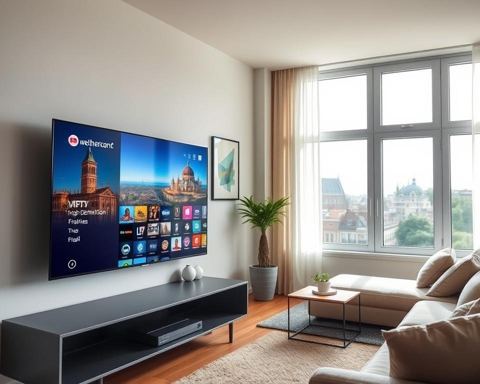 A modern, sleek IPTV setup without a VPN, showcasing the Netherlands as the setting. The foreground features an elegant smart TV displaying a vivid, high-definition IPTV interface, surrounded by a minimalist entertainment system. The middle ground depicts a cozy, well-lit living room with floor-to-ceiling windows, allowing natural light to filter in. The background showcases a scenic Dutch cityscape, with iconic architecture and lush greenery. The overall atmosphere is one of convenience, sophistication, and the seamless integration of technology into everyday home life, all without the need for a VPN. A modern, sleek IPTV setup without a VPN, showcasing the Netherlands as the setting. The foreground features an elegant smart TV displaying a vivid, high-definition IPTV interface, surrounded by a minimalist entertainment system. The middle ground depicts a cozy, well-lit living room with floor-to-ceiling windows, allowing natural light to filter in. The background showcases a scenic Dutch cityscape, with iconic architecture and lush greenery. The overall atmosphere is one of convenience, sophistication, and the seamless integration of technology into everyday home life, all without the need for a VPN.