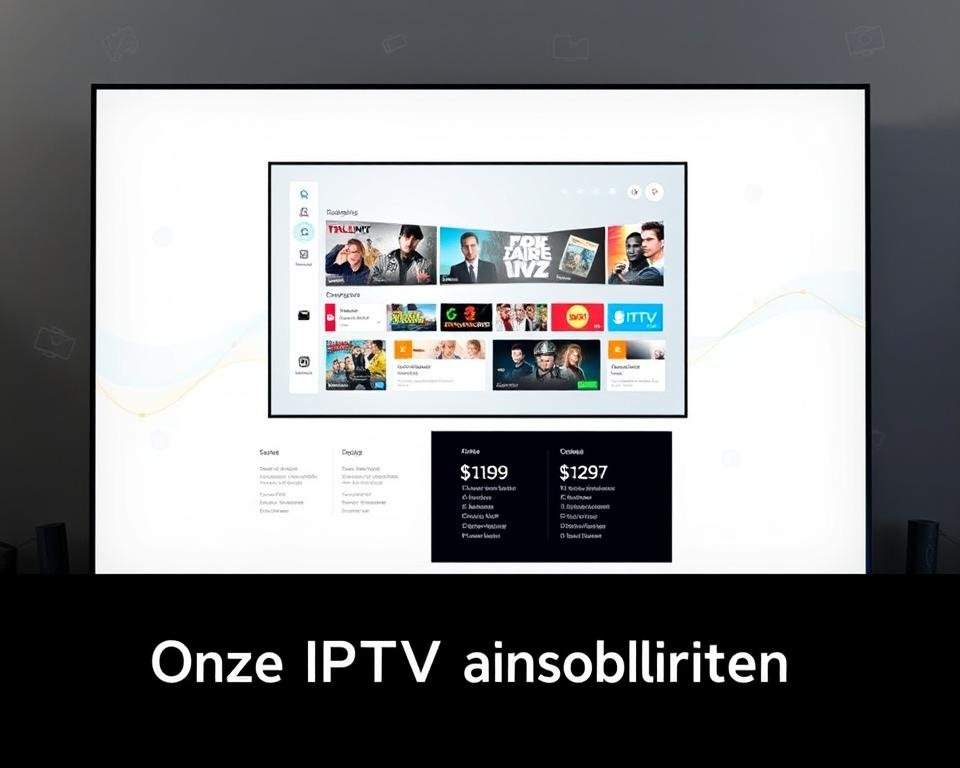 A modern, sleek IPTV subscription service displayed on a minimalist, light-toned background. In the foreground, various packages and pricing options are elegantly showcased, highlighting the flexibility and customizability of the service. The middle ground features a clean, user-friendly interface displaying channel listings and program details, conveying the comprehensive nature of the IPTV offering. In the background, subtle graphic elements such as television silhouettes or digital wave patterns create a sense of technology and entertainment. The overall composition exudes a professional, high-quality aesthetic that resonates with the "Onze IPTV abonnementen" section of the article.