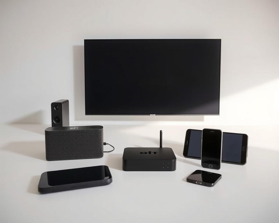 A modern, sleek arrangement of various compatible electronic devices for IPTV consumption, including a smart TV, streaming box, tablet, and smartphone, set against a minimalist, light-colored background. The devices are positioned to create a cohesive and visually appealing composition, highlighting their connectivity and seamless integration. Soft, diffused lighting from the side illuminates the gadgets, emphasizing their design and functionality. The overall mood is one of technology, simplicity, and user-friendliness, conveying the ease of accessing IPTV content on a range of compatible platforms.