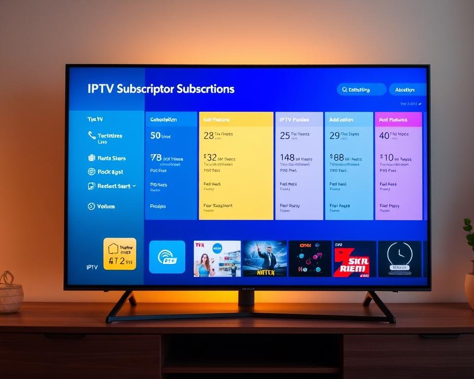 A modern, sleek flat-screen television set displaying a visually appealing menu of subscription options for IPTV services in the Netherlands. The menu showcases various pricing tiers, channel packages, and add-on features in a clean, user-friendly interface. The television is placed on a minimalist wooden entertainment unit, with warm, diffused lighting illuminating the scene. The overall composition conveys a sense of simplicity, accessibility, and the convenience of selecting the right IPTV subscription for one's viewing preferences. A modern, sleek flat-screen television set displaying a visually appealing menu of subscription options for IPTV services in the Netherlands. The menu showcases various pricing tiers, channel packages, and add-on features in a clean, user-friendly interface. The television is placed on a minimalist wooden entertainment unit, with warm, diffused lighting illuminating the scene. The overall composition conveys a sense of simplicity, accessibility, and the convenience of selecting the right IPTV subscription for one's viewing preferences.