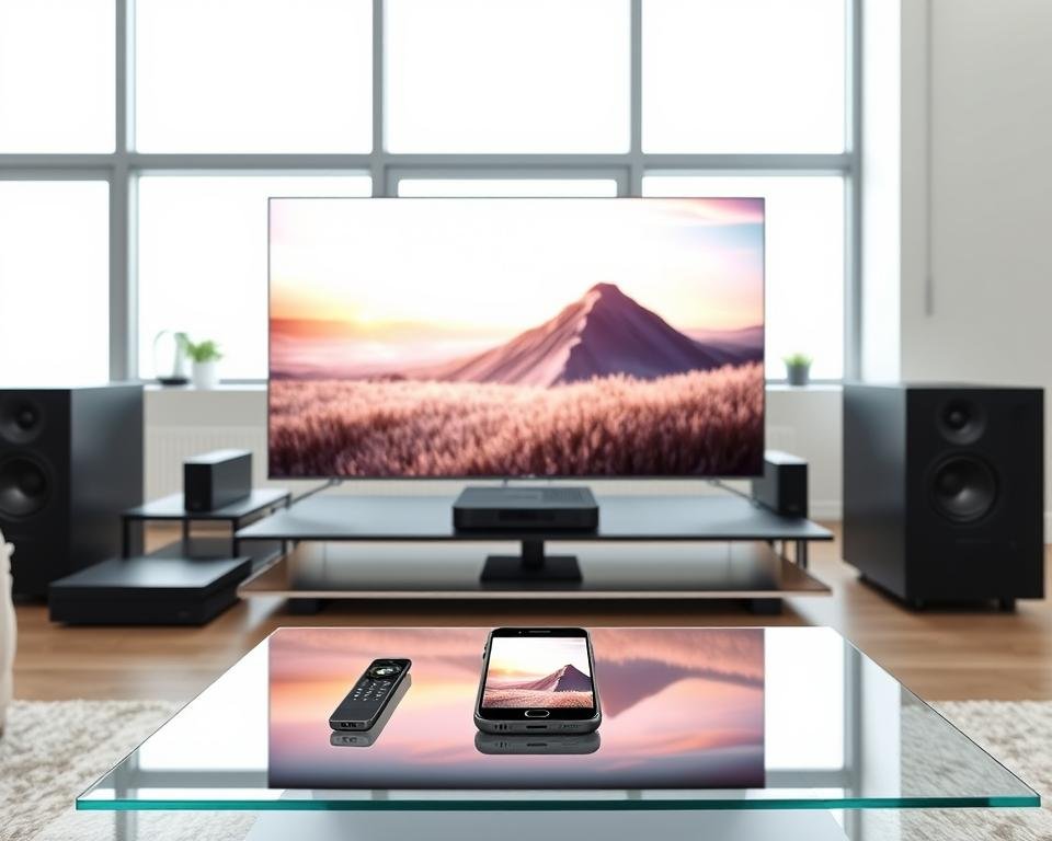 A modern, sleek home entertainment setup featuring an array of compatible devices seamlessly integrated. In the foreground, a 4K smart TV, its display emanating a crisp, vivid image. Flanking it, a set-top box and a high-end audio system, their sleek, minimalist designs complementing the TV. In the middle ground, a smartphone and tablet resting on a modern, glass-topped coffee table, showcasing their ability to mirror and control the TV's content. The background features a clean, minimalist living room with large windows allowing natural light to stream in, creating a bright, airy atmosphere. The overall scene conveys a sense of technological harmony, highlighting the compatibility and connectivity of the various devices.