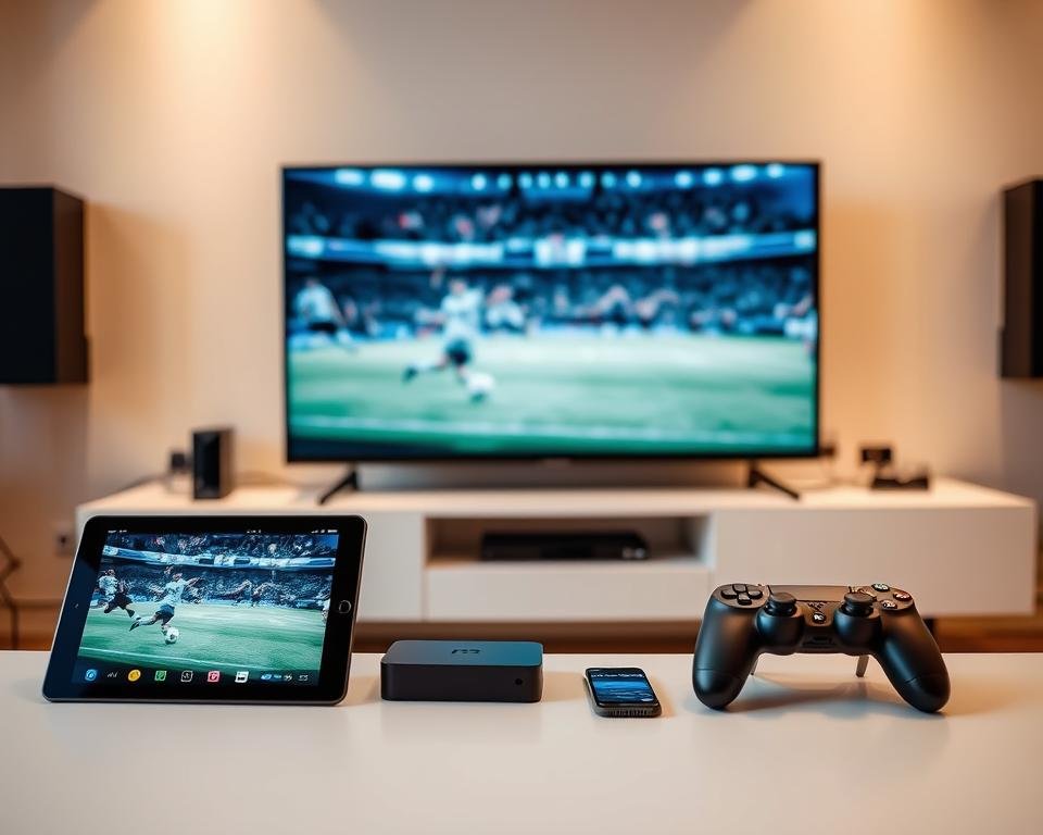 A modern, sleek home entertainment setup showcasing various digital devices seamlessly integrated and compatible with each other. In the foreground, a high-definition smart TV, tablet, and smartphone are arranged neatly, their screens displaying a live soccer match. In the middle ground, a compact streaming box and gaming console sit atop a minimalist entertainment unit, their LED indicators pulsing softly. The background features a subtle gradient wall, with discreet cable management and charging stations, conveying a sense of effortless connectivity and technology harmoniously blended into the domestic environment. Warm, diffused lighting creates a cozy, inviting atmosphere, highlighting the compatibility and functionality of the digital apparaat. A modern, sleek home entertainment setup showcasing various digital devices seamlessly integrated and compatible with each other. In the foreground, a high-definition smart TV, tablet, and smartphone are arranged neatly, their screens displaying a live soccer match. In the middle ground, a compact streaming box and gaming console sit atop a minimalist entertainment unit, their LED indicators pulsing softly. The background features a subtle gradient wall, with discreet cable management and charging stations, conveying a sense of effortless connectivity and technology harmoniously blended into the domestic environment. Warm, diffused lighting creates a cozy, inviting atmosphere, highlighting the compatibility and functionality of the digital apparaat.