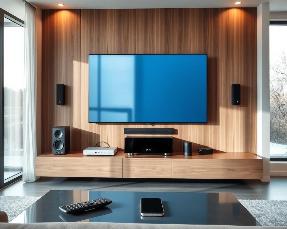 A modern, sleek living room interior with a large flat-screen TV displaying a live IPTV feed. The TV is mounted on a minimalist, wood-paneled wall, surrounded by neatly arranged audio equipment and smart home devices. Soft, ambient lighting creates a cozy atmosphere, while natural light filters in through large windows, illuminating the scene. The room has a clean, elegant design with neutral tones and subtle textures, highlighting the technology at the center of the space. A wireless remote and smartphone on a coffee table suggest the ease of controlling the IPTV system remotely.