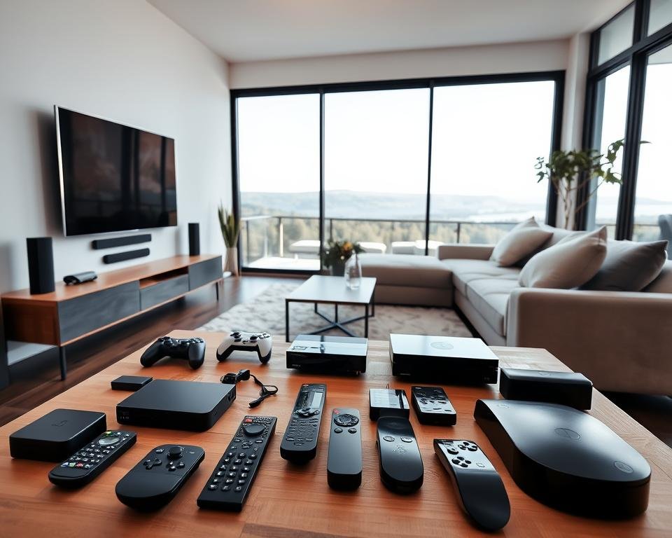 A modern, sleek living room interior with a large flatscreen TV mounted on the wall. In the foreground, various remote controls, streaming devices, and gaming consoles are neatly arranged on a minimalist wooden coffee table. The middle ground features a cozy L-shaped sofa facing the TV, with plush throw pillows and a soft area rug. The background showcases large windows overlooking a serene outdoor landscape, allowing natural light to flood the space. The overall scene conveys a sense of technological integration and comfort, highlighting the compatibility of various media devices in a stylish home setting.