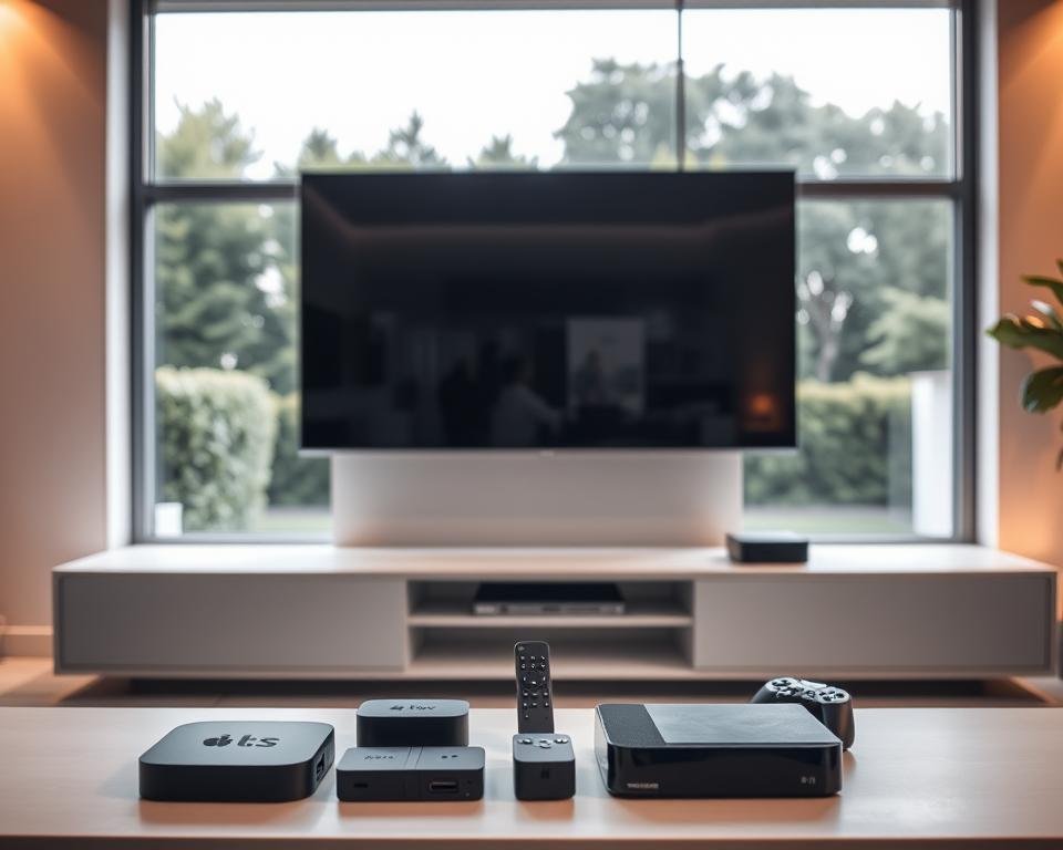 A modern, sleek living room setting with a large flatscreen TV mounted on the wall. In the foreground, a selection of various streaming devices - smart TV boxes, dongles, and game consoles - are neatly arranged on a minimalist entertainment center. Warm, diffused lighting creates a cozy ambiance, highlighting the clean lines and neutral color palette of the room. In the background, large windows offer a view of a lush, verdant outdoor scene, blending the indoor and outdoor spaces. The overall composition conveys a sense of harmony, technological integration, and the comforts of home entertainment. A modern, sleek living room setting with a large flatscreen TV mounted on the wall. In the foreground, a selection of various streaming devices - smart TV boxes, dongles, and game consoles - are neatly arranged on a minimalist entertainment center. Warm, diffused lighting creates a cozy ambiance, highlighting the clean lines and neutral color palette of the room. In the background, large windows offer a view of a lush, verdant outdoor scene, blending the indoor and outdoor spaces. The overall composition conveys a sense of harmony, technological integration, and the comforts of home entertainment.