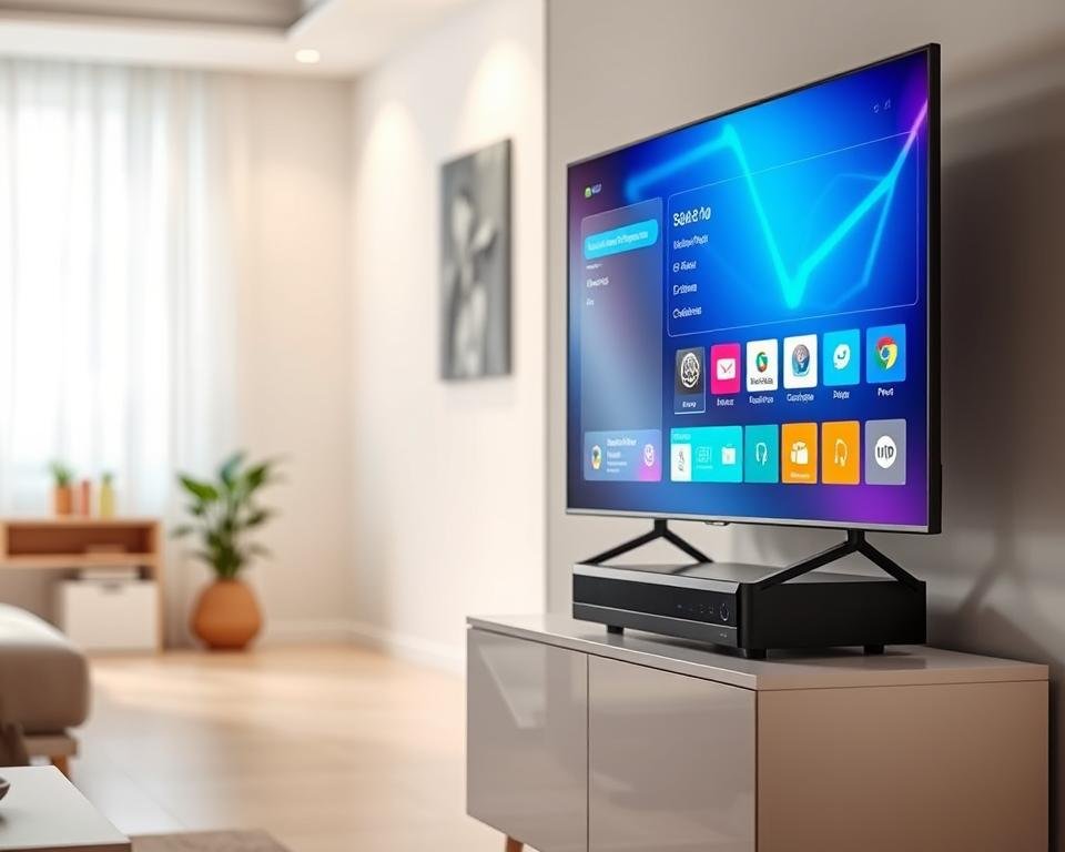 A modern smart TV system updating its software automatically, with a dynamic user interface displaying relevant content. The foreground shows the TV screen transitioning through various app icons and menu options, conveyed through a striking neon-infused color palette and smooth animations. The middle ground depicts the TV hardware itself, a sleek and minimalist design, sitting atop a simple modern cabinet. The background features a clean, softly-lit domestic interior, hinting at the TV's seamless integration into the living space. The overall mood is one of technological sophistication, efficiency, and ambient harmony, perfectly suited to illustrate the "Automatic updates and maintenance" section of the IPTV article.