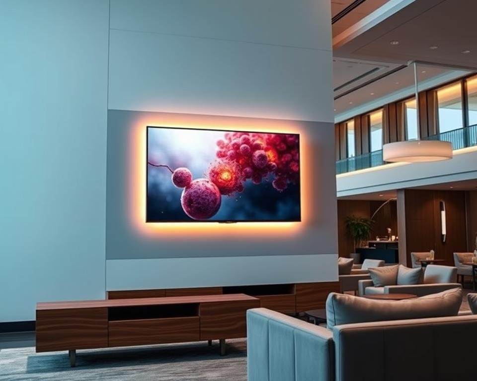A modern, sophisticated LG hospitality television system prominently displayed in a sleek, high-end hotel lobby. The TV is mounted on a clean, minimalist wall, casting a warm, inviting glow. The screen displays a crisp, vibrant image, showcasing LG's superior display technology. In the foreground, a elegant, wooden TV stand complements the TV's design. The middle ground features plush, comfortable seating arrangements, creating an atmosphere of relaxation and entertainment. The background depicts a stylish, contemporary hotel interior with high ceilings, large windows, and subtle lighting, emphasizing the premium quality of the LG hospitality solution. The overall scene conveys a sense of luxury, comfort, and technological sophistication tailored for the discerning hotel guest.