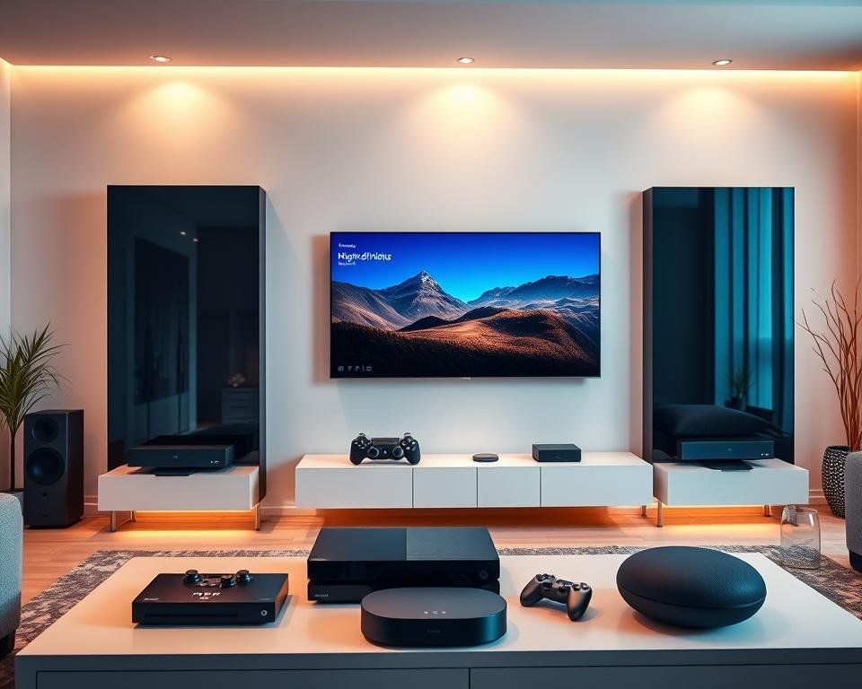 A modern, stylish living room with sleek, high-end entertainment devices displayed prominently. The main focus is a high-definition smart TV mounted on a minimalist wall unit, surrounded by a variety of compatible streaming devices such as a gaming console, a media player, and a voice-controlled smart assistant. The room is bathed in warm, soft lighting, creating a cozy, inviting atmosphere. The devices are arranged in a visually appealing layout, suggesting the seamless integration of technology into the home environment. The overall composition conveys a sense of sophistication and the latest advancements in home entertainment. A modern, stylish living room with sleek, high-end entertainment devices displayed prominently. The main focus is a high-definition smart TV mounted on a minimalist wall unit, surrounded by a variety of compatible streaming devices such as a gaming console, a media player, and a voice-controlled smart assistant. The room is bathed in warm, soft lighting, creating a cozy, inviting atmosphere. The devices are arranged in a visually appealing layout, suggesting the seamless integration of technology into the home environment. The overall composition conveys a sense of sophistication and the latest advancements in home entertainment.