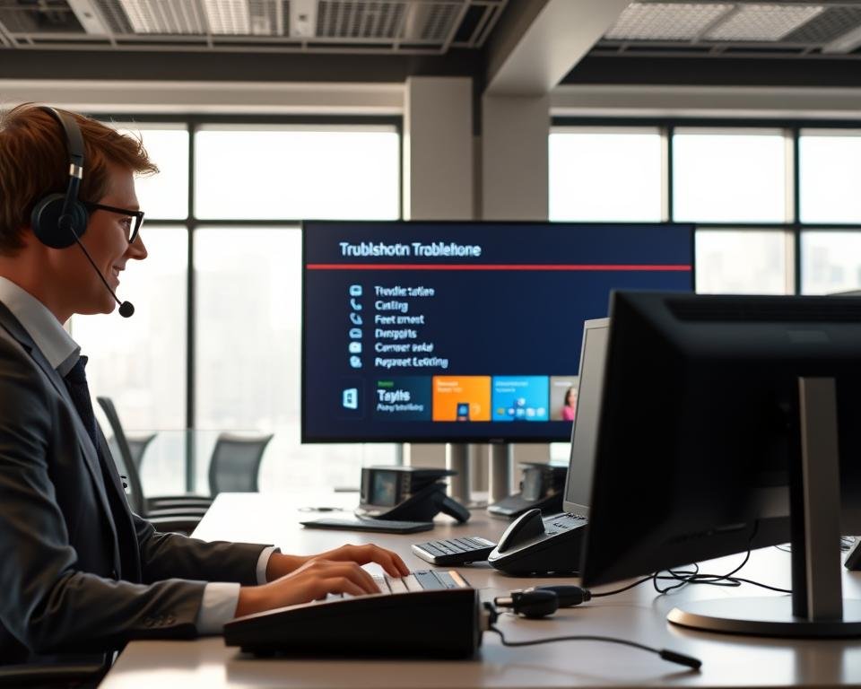 A modern, well-equipped call center with customer service agents assisting a television viewer. In the foreground, a friendly agent in a headset and business attire sitting at a sleek desk, surrounded by high-tech communication devices. The middle ground features a large, high-definition television screen displaying various troubleshooting options. The background is a clean, minimalist office space with large windows allowing natural light to flood the scene, creating a welcoming and professional atmosphere. Soft, directional lighting accentuates the agent's face and the television screen, conveying a sense of approachability and efficient problem-solving. The overall mood is one of knowledgeable, responsive customer support.