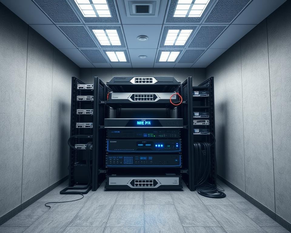 A modern, well-lit IPTV installation setup in a professional office environment. A sleek, rack-mounted media server takes center stage, surrounded by neatly organized networking equipment like routers, switches, and network cables. The setup is showcased against a backdrop of minimalist, gray-toned walls, creating a clean, high-tech ambiance. Subtle blue LED accents highlight the technical components, reinforcing the advanced, digital nature of the IPTV system. The camera angle provides a comprehensive, bird's-eye view, allowing the viewer to appreciate the precision and attention to detail in the installation.