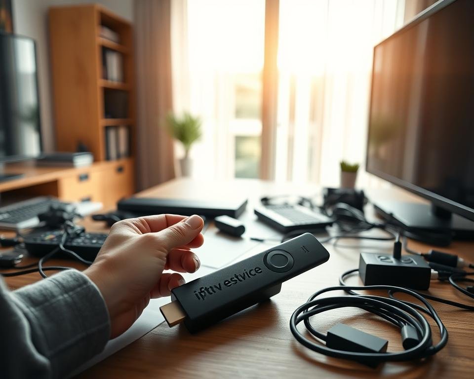 A modern, well-lit home office setting with a Firestick device prominently displayed on a desk. The desk is cluttered with various cables, remote controls, and other IPTV installation accessories. In the foreground, a person's hands are carefully connecting the Firestick to a nearby HDMI port on the TV. The background features a large window with natural daylight streaming in, creating a warm and inviting atmosphere. The overall scene conveys the step-by-step process of setting up an IPTV service on a Firestick in a practical and visually engaging manner. A modern, well-lit home office setting with a Firestick device prominently displayed on a desk. The desk is cluttered with various cables, remote controls, and other IPTV installation accessories. In the foreground, a person's hands are carefully connecting the Firestick to a nearby HDMI port on the TV. The background features a large window with natural daylight streaming in, creating a warm and inviting atmosphere. The overall scene conveys the step-by-step process of setting up an IPTV service on a Firestick in a practical and visually engaging manner.