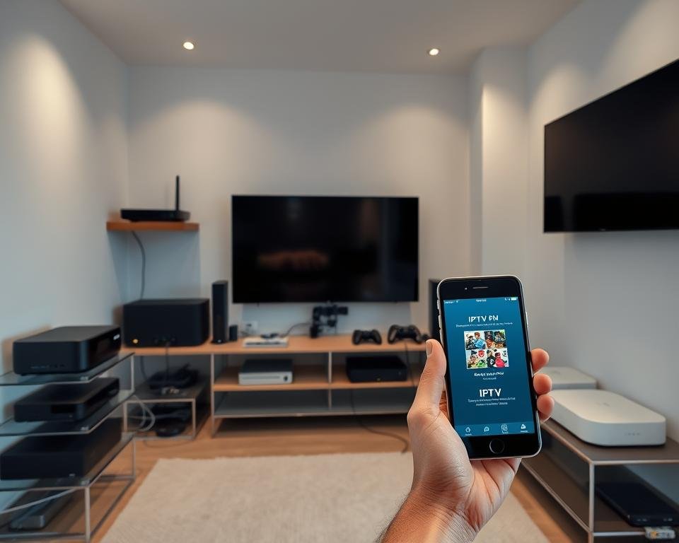 A modern, well-lit interior room showcasing various networked devices like smart TVs, streaming boxes, gaming consoles, and routers. The devices are arranged neatly on shelves or tables, connected by clean ethernet cables and Wi-Fi signals. The room has a sleek, minimalist aesthetic with neutral colors and soft lighting, creating a calming atmosphere for technical setup. In the foreground, a hand holding a smartphone or tablet displays the IPTV interface, highlighting the seamless integration of devices. The overall scene conveys the ease and reliability of the required internet connection and hardware setup for enjoying live IPTV content in the Netherlands.