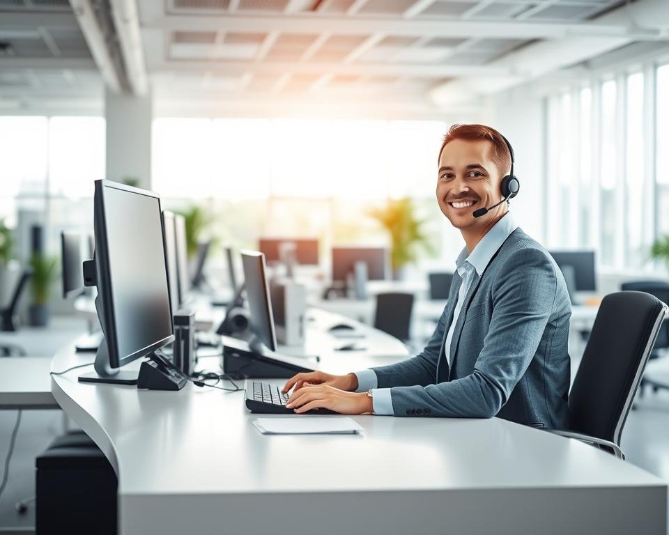 A modern, well-lit interior scene depicting a 24/7 customer support helpdesk. In the foreground, a smiling customer service representative in a professional office attire sits at a sleek, minimalist desk, ready to assist a customer. The middle ground features an array of computer monitors, phones, and other office equipment, conveying a sense of efficient and technologically-advanced service. The background showcases a clean, open-concept office space with large windows allowing natural light to flood the room, creating a warm and inviting atmosphere. The overall mood is one of professionalism, reliability, and a commitment to providing excellent customer support around the clock.