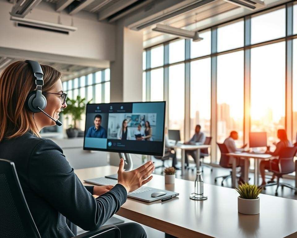 A modern, well-lit office interior with a sleek, minimalist design. In the foreground, a friendly customer service representative sits at a desk, hands gesturing as they assist a client via video call on a high-resolution display. The middle ground features a team of support staff collaborating at various workstations, surrounded by modern office furniture and decor. The background showcases floor-to-ceiling windows overlooking a vibrant cityscape, bathed in warm, natural lighting. An atmosphere of professionalism, efficiency, and a commitment to providing exceptional customer care permeates the scene. A modern, well-lit office interior with a sleek, minimalist design. In the foreground, a friendly customer service representative sits at a desk, hands gesturing as they assist a client via video call on a high-resolution display. The middle ground features a team of support staff collaborating at various workstations, surrounded by modern office furniture and decor. The background showcases floor-to-ceiling windows overlooking a vibrant cityscape, bathed in warm, natural lighting. An atmosphere of professionalism, efficiency, and a commitment to providing exceptional customer care permeates the scene.