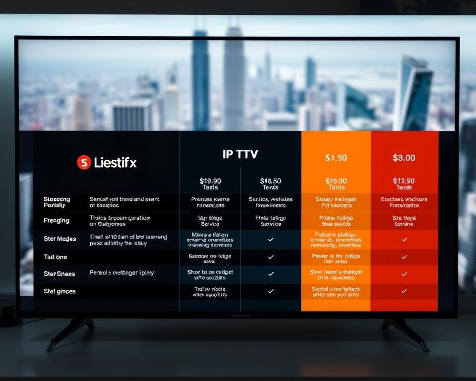 A neatly organized comparison of various IPTV subscription options, displayed on a sleek, modern interface. In the foreground, three main streaming service logos stand out prominently, with detailed pricing and feature information neatly arranged beside them. The middle ground showcases key differences between the plans, using clean typography and subtle infographic elements. The background features a soft, blurred cityscape, hinting at the global accessibility of these services. Lighting is soft and even, creating a professional, authoritative tone. The overall composition is balanced, drawing the viewer's eye to the essential details needed to make an informed subscription choice. A neatly organized comparison of various IPTV subscription options, displayed on a sleek, modern interface. In the foreground, three main streaming service logos stand out prominently, with detailed pricing and feature information neatly arranged beside them. The middle ground showcases key differences between the plans, using clean typography and subtle infographic elements. The background features a soft, blurred cityscape, hinting at the global accessibility of these services. Lighting is soft and even, creating a professional, authoritative tone. The overall composition is balanced, drawing the viewer's eye to the essential details needed to make an informed subscription choice.