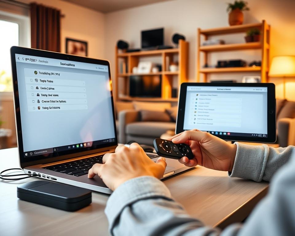 A neatly organized home office setup with a laptop, tablet, and remote control, bathed in warm, natural lighting. The hands of a user carefully navigating through on-screen IPTV installation menus, with a sense of focus and concentration. In the background, a cozy living room scene with a comfortable couch and shelves filled with entertainment devices. The overall atmosphere conveys a smooth, intuitive IPTV installation process that seamlessly integrates into a modern, tech-savvy household. A neatly organized home office setup with a laptop, tablet, and remote control, bathed in warm, natural lighting. The hands of a user carefully navigating through on-screen IPTV installation menus, with a sense of focus and concentration. In the background, a cozy living room scene with a comfortable couch and shelves filled with entertainment devices. The overall atmosphere conveys a smooth, intuitive IPTV installation process that seamlessly integrates into a modern, tech-savvy household.