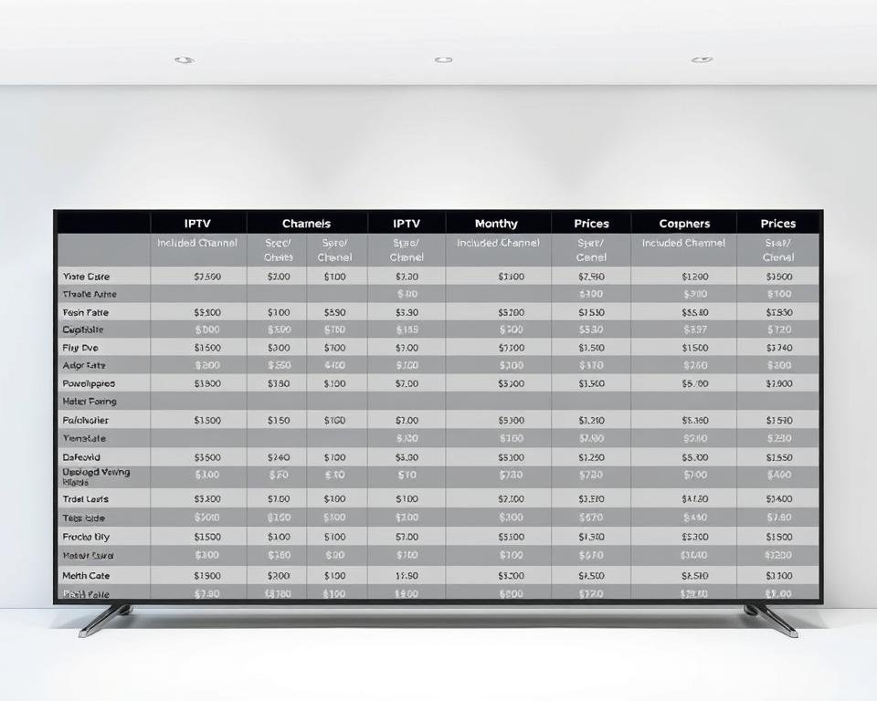 A neatly organized table displaying a comprehensive overview of IPTV subscription plans, prices, and package details. The table is set against a clean, minimalist background, with a soft, diffused lighting that creates a professional, informative atmosphere. The columns clearly showcase the plan names, monthly costs, included channels, and any additional features. The layout is visually appealing, with consistent formatting and easy-to-read typography. The overall impression is one of a detailed, authoritative resource for IPTV pricing and plan comparisons.