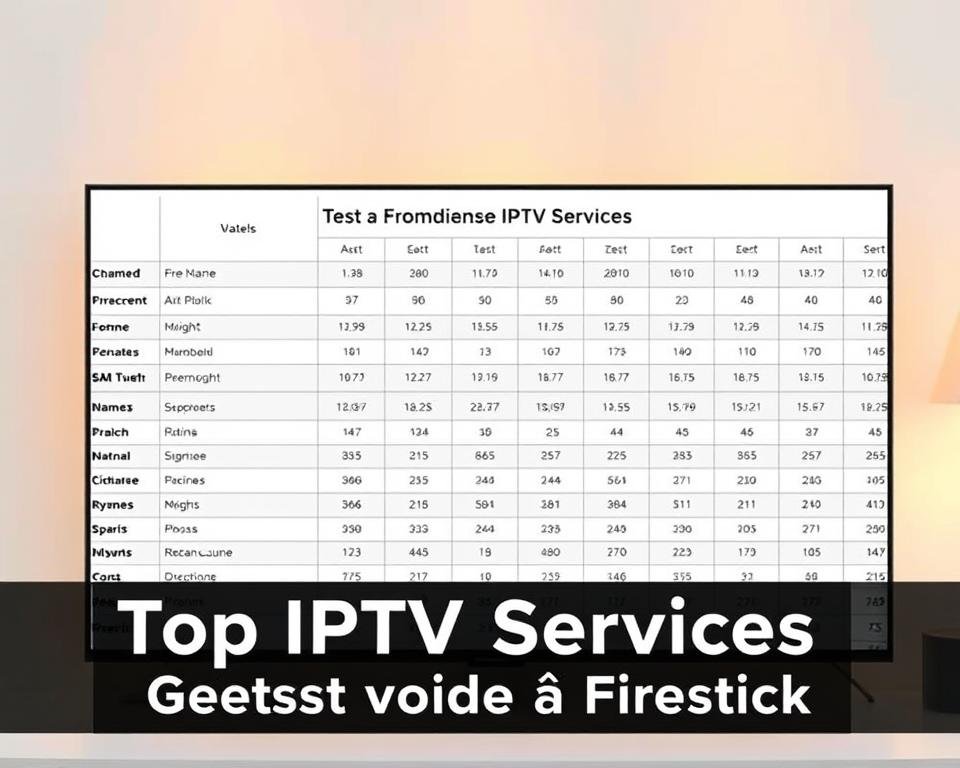 A neatly organized table displaying the comprehensive test results of the top IPTV services for the Firestick. The table is set against a clean, minimalist background with a soft, neutral color palette to maintain visual focus on the data. The layout is structured with clear headers and well-defined columns, presenting the service names, performance metrics, and ratings in a professional, easy-to-digest format. Subtle grid lines and icons enhance the visual clarity. Warm, balanced lighting casts a subtle glow, creating depth and highlighting the key information. The overall composition conveys a sense of authority, trustworthiness, and utility, perfectly suited to illustrate the "Top IPTV Services Getest voor de Firestick" section. A neatly organized table displaying the comprehensive test results of the top IPTV services for the Firestick. The table is set against a clean, minimalist background with a soft, neutral color palette to maintain visual focus on the data. The layout is structured with clear headers and well-defined columns, presenting the service names, performance metrics, and ratings in a professional, easy-to-digest format. Subtle grid lines and icons enhance the visual clarity. Warm, balanced lighting casts a subtle glow, creating depth and highlighting the key information. The overall composition conveys a sense of authority, trustworthiness, and utility, perfectly suited to illustrate the "Top IPTV Services Getest voor de Firestick" section.