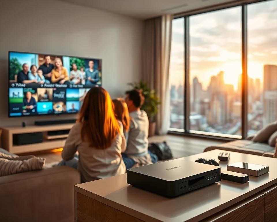 A panoramic view of a modern home, with a cozy living room showcasing the advantages of IPTV. In the foreground, a family enjoys streaming movies and TV shows on a large, high-definition screen, their faces illuminated by the warm glow of the display. In the middle ground, a sleek and compact IPTV set-top box rests on a media console, surrounded by various smart home devices. The background depicts a cityscape through large windows, with skyscrapers and infrastructure visible, conveying the convenience and connectivity of IPTV. The scene is bathed in soft, natural lighting, creating a welcoming and inviting atmosphere. A panoramic view of a modern home, with a cozy living room showcasing the advantages of IPTV. In the foreground, a family enjoys streaming movies and TV shows on a large, high-definition screen, their faces illuminated by the warm glow of the display. In the middle ground, a sleek and compact IPTV set-top box rests on a media console, surrounded by various smart home devices. The background depicts a cityscape through large windows, with skyscrapers and infrastructure visible, conveying the convenience and connectivity of IPTV. The scene is bathed in soft, natural lighting, creating a welcoming and inviting atmosphere.