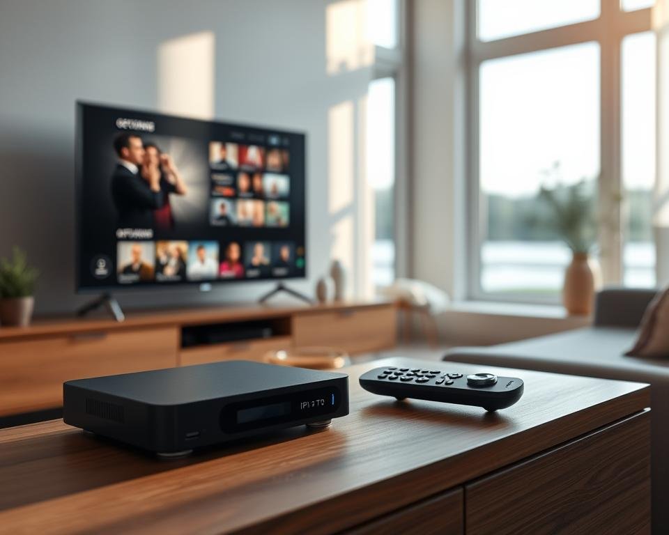 A peaceful living room interior with a modern IPTV set-top box and remote control prominently displayed on a sleek wooden entertainment unit. The room is bathed in warm, natural lighting filtering through large windows, creating a cozy and inviting atmosphere. In the foreground, a video paused on the TV screen depicts a variety of on-demand content, highlighting the recording and playback capabilities of the IPTV system. The middle ground features carefully curated decor elements that complement the minimalist aesthetic, while the background subtly hints at a serene outdoor scene beyond the windows, evoking a sense of relaxation and comfort.
