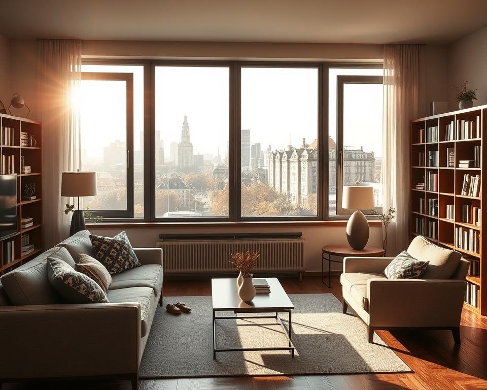 A peaceful, modern living room with a large window overlooking a Dutch cityscape. Soft natural lighting filters in, casting a warm glow. In the foreground, a comfortable sofa and armchair are arranged around a coffee table, hinting at the cozy, reliable home entertainment experience of a high-quality IPTV service. Bookshelves line the walls, suggesting intellectual pursuits. The room exudes a sense of trust, stability, and the dependability of a well-established Dutch brand. The overall atmosphere evokes a feeling of domestic tranquility and the dependable, trustworthy nature of a reliable IPTV provider in the Netherlands.