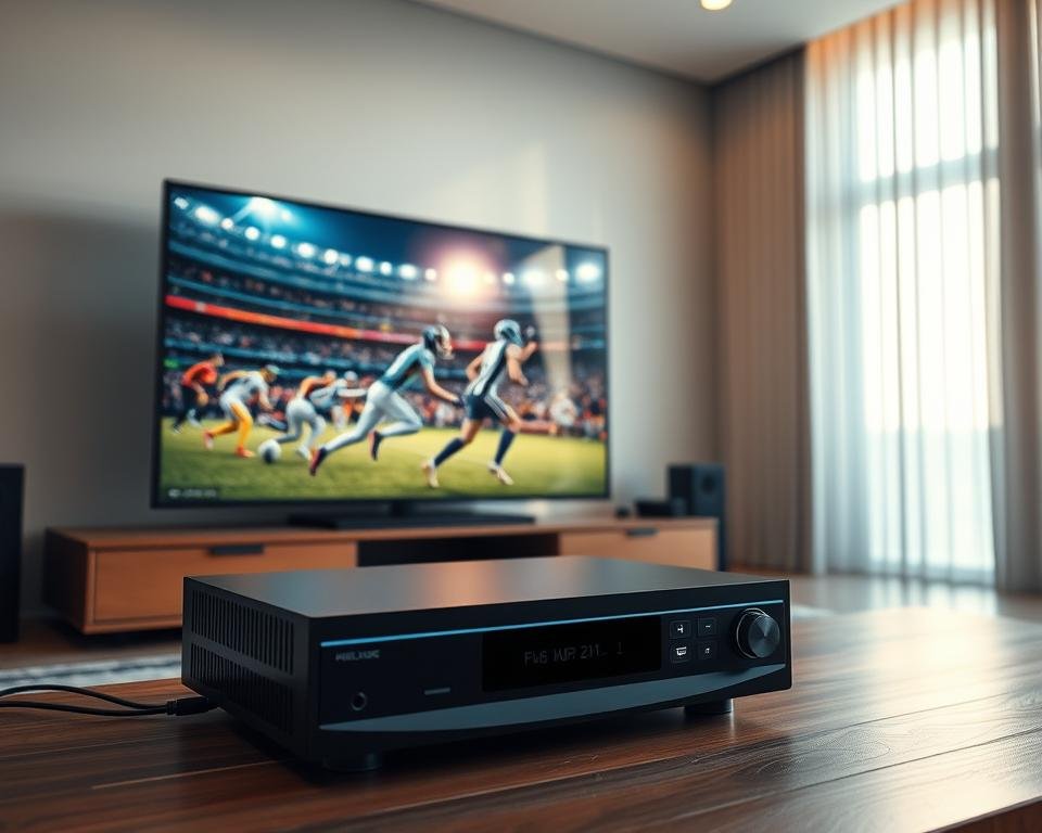 A photorealistic 4K UHD digital streaming setup, showcasing high-quality video playback. The scene depicts a sleek, modern entertainment center with a large, high-resolution display in the foreground. Soft, warm lighting illuminates the space, creating a cozy and immersive atmosphere. The display shows a vivid, detailed sports event, capturing the excitement and drama of the action. In the middle ground, a state-of-the-art media player or streaming device is prominently featured, surrounded by various connectivity options and controls. The background features a minimalist, yet stylish room design, with clean lines and muted tones that complement the technology on display. The overall composition emphasizes the technical specifications and superior visual quality of the 4K UHD streaming experience. A photorealistic 4K UHD digital streaming setup, showcasing high-quality video playback. The scene depicts a sleek, modern entertainment center with a large, high-resolution display in the foreground. Soft, warm lighting illuminates the space, creating a cozy and immersive atmosphere. The display shows a vivid, detailed sports event, capturing the excitement and drama of the action. In the middle ground, a state-of-the-art media player or streaming device is prominently featured, surrounded by various connectivity options and controls. The background features a minimalist, yet stylish room design, with clean lines and muted tones that complement the technology on display. The overall composition emphasizes the technical specifications and superior visual quality of the 4K UHD streaming experience.