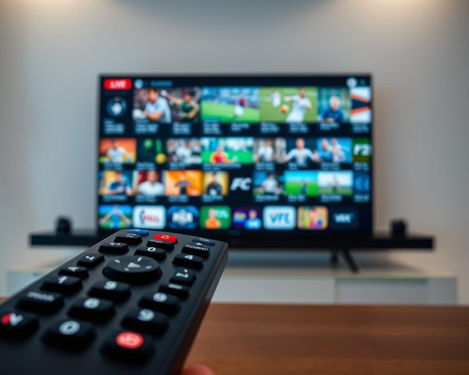 A premium IPTV service with exceptional video quality and a vast selection of live TV channels, showcased in a sleek, modern setting. The foreground features a close-up of a remote control, its buttons backlit, conveying the ease of accessing a diverse range of content. The middle ground depicts a large, high-definition display showcasing a diverse array of sports channels, capturing the vibrant colors and dynamic action. The background is a minimalist, well-lit environment, creating a sense of sophistication and professionalism, reflecting the reliable and high-quality nature of the IPTV service. A premium IPTV service with exceptional video quality and a vast selection of live TV channels, showcased in a sleek, modern setting. The foreground features a close-up of a remote control, its buttons backlit, conveying the ease of accessing a diverse range of content. The middle ground depicts a large, high-definition display showcasing a diverse array of sports channels, capturing the vibrant colors and dynamic action. The background is a minimalist, well-lit environment, creating a sense of sophistication and professionalism, reflecting the reliable and high-quality nature of the IPTV service.