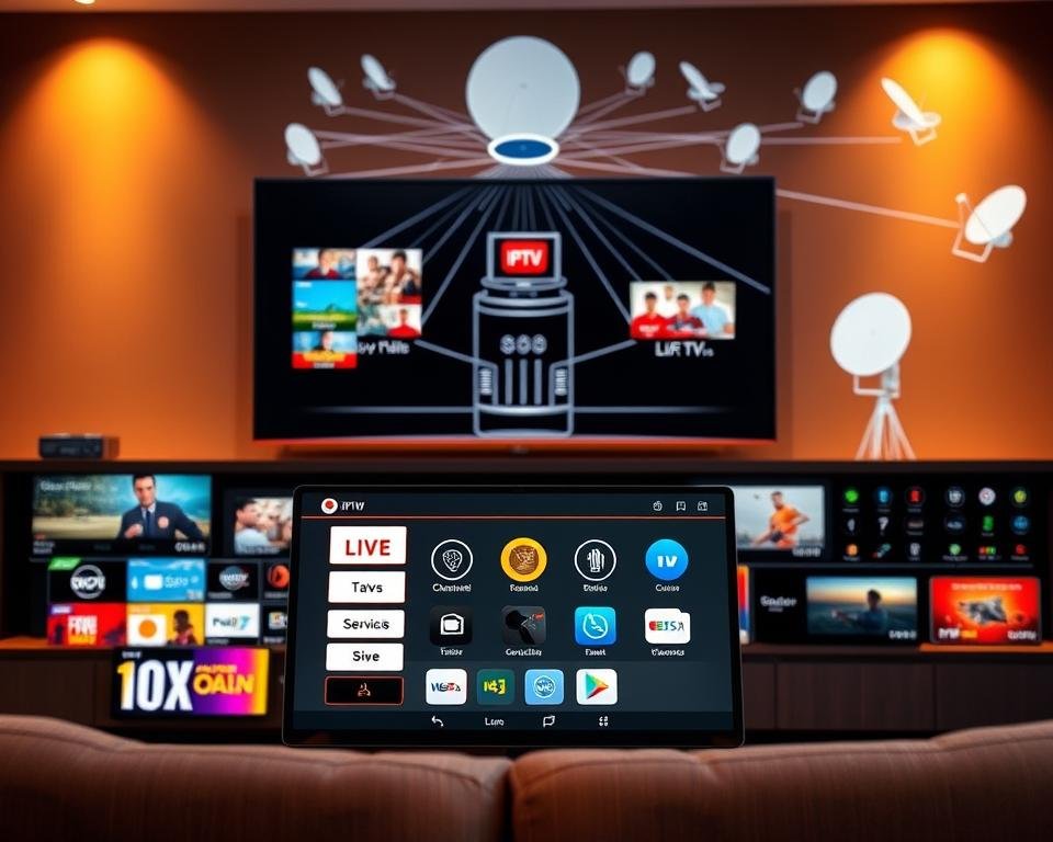 A premium IPTV subscription presented in a sleek, modern layout. In the foreground, a high-definition television screen showcases a diverse array of live TV channels, catch-up services, and on-demand content. The middle ground features a touchscreen interface, with intuitive controls and customizable settings. In the background, a network diagram illustrates the seamless connectivity and reliability of the IPTV service, with servers and satellite dishes prominently displayed. The lighting is warm and inviting, creating a premium, high-end atmosphere. The camera angle is slightly elevated, capturing the comprehensive nature of the IPTV offering in a polished, professional manner.