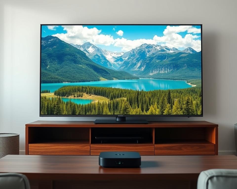 A pristine 4K IPTV display showcasing vibrant, crystal-clear visuals. In the foreground, a sleek Smart TV with a seamless, minimalist design sits atop a modern wooden media unit. The screen displays a breathtaking nature scene, with lush green forests, majestic mountains, and a glistening azure lake. Soft, diffused lighting bathes the scene, creating a warm, inviting atmosphere. The middle ground features a high-end streaming device, its compact form complementing the TV's aesthetic. In the background, a clean, uncluttered living space with neutral tones allows the display to take center stage, highlighting the exceptional image quality. The overall composition conveys a sense of technological sophistication and visual immersion, perfectly encapsulating the essence of premium 4K IPTV. A pristine 4K IPTV display showcasing vibrant, crystal-clear visuals. In the foreground, a sleek Smart TV with a seamless, minimalist design sits atop a modern wooden media unit. The screen displays a breathtaking nature scene, with lush green forests, majestic mountains, and a glistening azure lake. Soft, diffused lighting bathes the scene, creating a warm, inviting atmosphere. The middle ground features a high-end streaming device, its compact form complementing the TV's aesthetic. In the background, a clean, uncluttered living space with neutral tones allows the display to take center stage, highlighting the exceptional image quality. The overall composition conveys a sense of technological sophistication and visual immersion, perfectly encapsulating the essence of premium 4K IPTV.