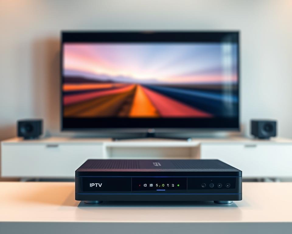 A professional, high-quality IPTV setup with a minimalist, modern design. In the foreground, a sleek black IPTV box rests on a clean, minimalist entertainment unit, its LED indicator lights subtly illuminating the space. In the middle ground, a high-definition television displays a crisp, vibrant image, showcasing the exceptional video quality of the IPTV service. The background features a simple, neutral-toned wall, allowing the technology to take center stage. The lighting is soft and diffused, creating a warm, inviting atmosphere that emphasizes the attention to detail and craftsmanship of the IPTV setup. The overall scene conveys a sense of sophistication, reliability, and a focus on delivering the ultimate in visual and audio excellence.