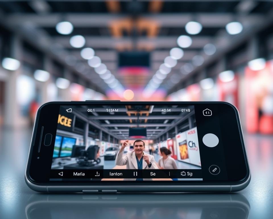 A professional mobile streaming service showcasing high-quality visuals. In the foreground, a sleek mobile device displays a crisp, high-resolution video feed with vibrant colors and smooth playback. The middle ground features a minimalist user interface with intuitive touch controls, emphasizing the seamless interactivity. The background captures a modern, tech-savvy environment with subtle lighting, hinting at the advanced infrastructure powering the mobile streaming experience. The scene evokes a sense of premium quality, responsiveness, and the convenience of accessing live content on the go.