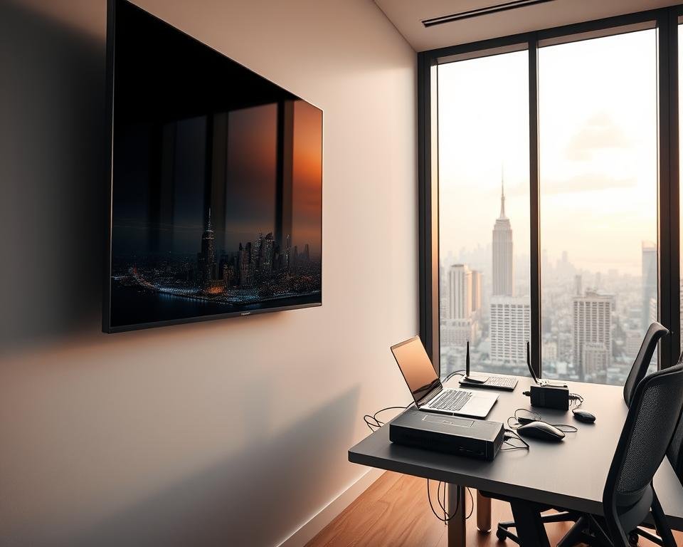 A professional office interior with a modern, minimalist design. In the foreground, a sleek, high-resolution TV display is mounted on the wall, showcasing crisp IPTV imagery. The middle ground features a minimalist desk setup with a laptop, router, and other networking equipment, all arranged neatly. The background is a large window overlooking a cityscape, with warm, natural lighting filtering in. The overall atmosphere is one of efficiency, technological sophistication, and a sense of seamless, reliable internet-powered entertainment.