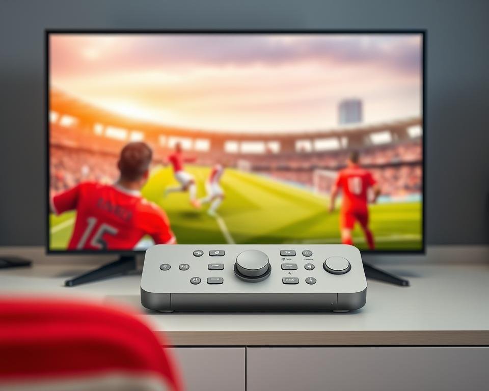 A professional streaming service with a clean, modern user interface. In the foreground, a vibrant, high-definition display showcasing a live football match, with players in sharp detail and vivid colors. In the middle ground, a sleek, minimalist control panel with intuitive navigation options, allowing the viewer to effortlessly browse and select from a wide range of live and on-demand content. The background features a soft, blurred cityscape, hinting at the global reach and accessibility of the streaming platform. The overall scene exudes a sense of quality, reliability, and a seamless viewing experience, perfectly capturing the essence of "kwaliteit streams" for the article's section on choosing the right IPTV provider.