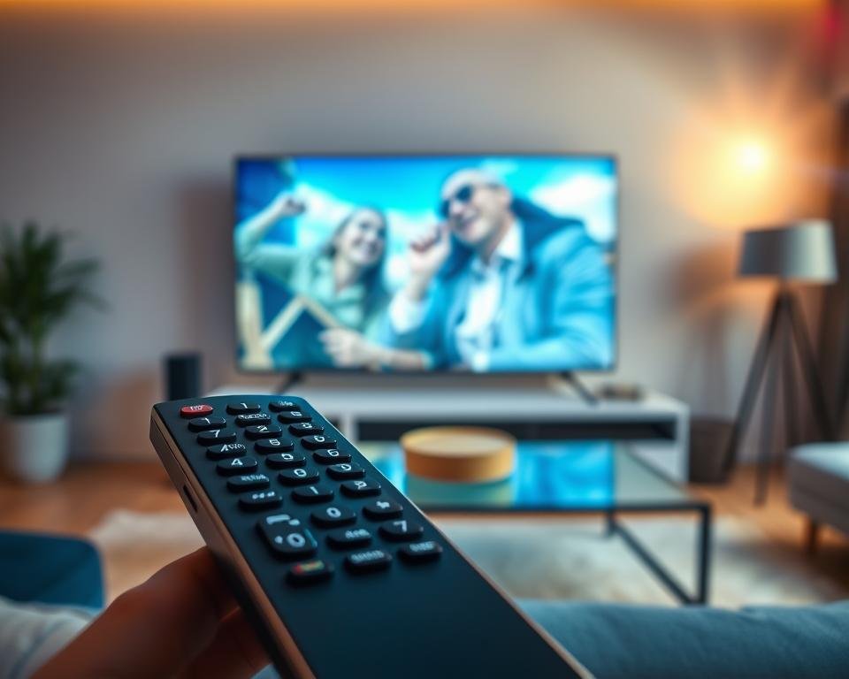 A reliable and trustworthy IPTV provider offering a premium viewing experience. In the foreground, a sleek remote control symbolizing the convenience of the service. The middle ground showcases a smart TV displaying vivid, crystal-clear visuals, immersing the viewer in the content. The background features a modern, minimalist living room setting, conveying a sense of comfort and relaxation. Soft, warm lighting creates a cozy atmosphere, while a subtle lens flare adds a touch of cinematic flair. The overall composition emphasizes the reliability, quality, and seamless integration of the IPTV service into the user's daily life.