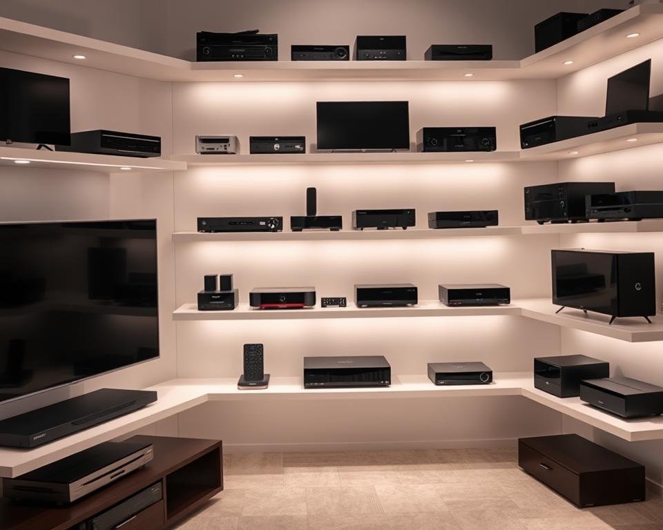 A room filled with an array of compatible smart TV devices, neatly arranged on sleek, minimalist shelves. The devices showcase a range of sizes, shapes, and connectivity options, representing the diversity of modern home entertainment systems. Soft, diffused lighting illuminates the scene, creating a warm and inviting atmosphere. The camera captures the devices from a slightly elevated angle, emphasizing their seamless integration into the room's modern, uncluttered design. The overall impression conveys the effortless compatibility and versatility of these smart TV devices, ready to cater to a wide range of user preferences and home setups.