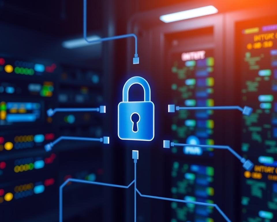 A secure IPTV connection with a lock icon, server rack, and digital data streams in the background. The lock symbolizes the privacy and protection of the IPTV service, while the server rack and data streams convey the robust and reliable infrastructure. The scene is illuminated by a soft, ambient lighting that creates a sense of trust and reassurance. The overall atmosphere is one of confidence and security, reflecting the priority placed on user safety and privacy by the IPTV provider.