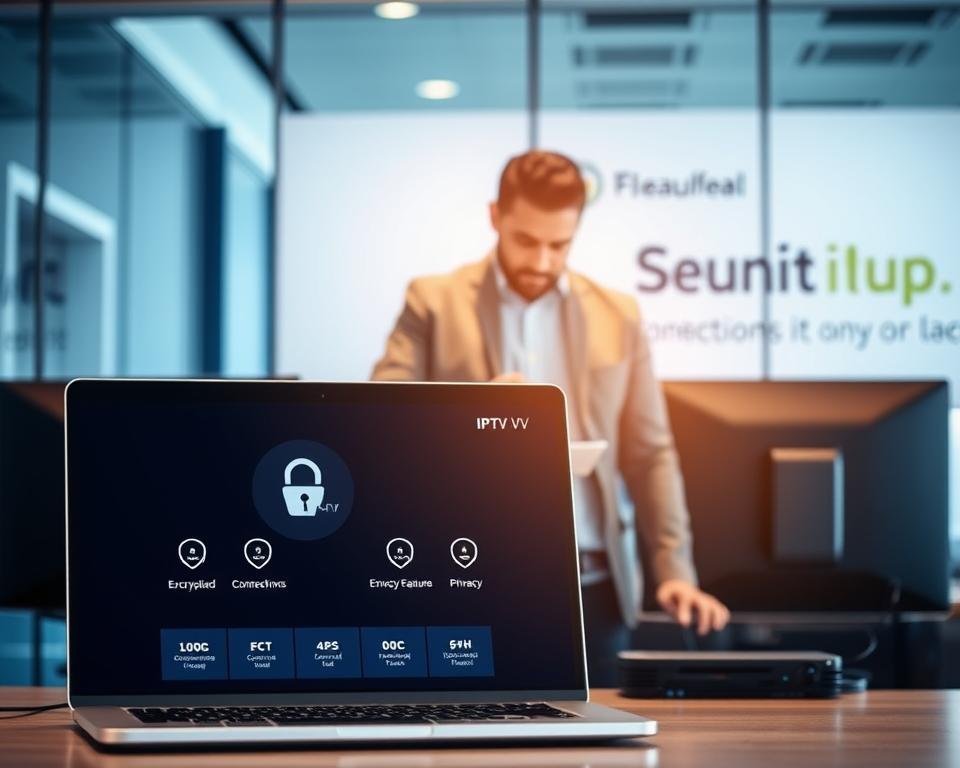 A secure IPTV streaming service, showcased against a sleek, modern office backdrop. In the foreground, a laptop screen displays a well-designed IPTV interface, emphasizing encrypted connections and privacy features. In the middle ground, a professional-looking employee examines the system, conveying a sense of confidence and expertise. The background features subtle branding elements, suggesting a reputable, enterprise-grade IPTV solution. The lighting is warm and inviting, creating an atmosphere of trust and reliability. The overall composition highlights the intersection of technology, security, and the business environment.