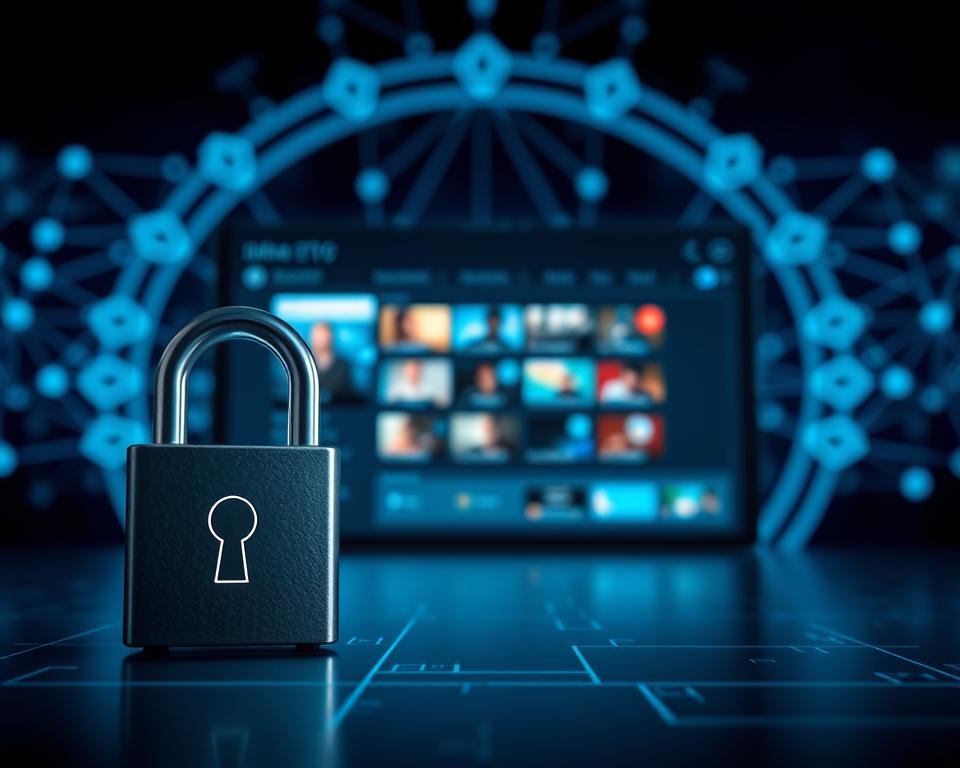 A secure and reliable IPTV streaming service, with a sleek digital interface showcasing a lock icon and a network diagram. The foreground depicts a lock symbol, symbolizing the importance of data encryption and user privacy. The middle ground features a smooth, minimalist dashboard displaying IPTV channel options, emphasizing the platform's user-friendly design. In the background, a network topology diagram illustrates the secure infrastructure that underpins the IPTV service, conveying a sense of technological sophistication and data protection. The overall mood is one of digital security, trustworthiness, and a premium streaming experience.