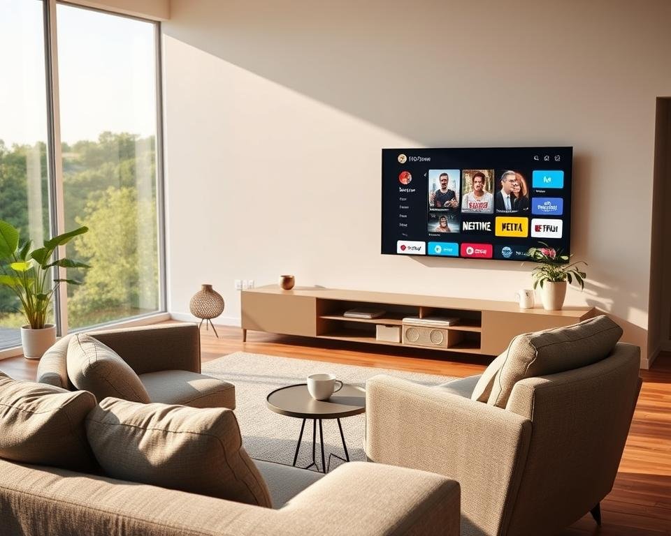 A serene and inviting living room scene with a large flatscreen TV on the wall, showcasing a crisp IPTV interface. The room is bathed in warm, natural lighting, with a plush grey sofa and matching armchair in the foreground. A small end table holds a cup of coffee and a remote control. The middle ground features a sleek, modern entertainment unit with ample storage space. The background depicts a minimalist, Scandinavian-inspired decor, with a large window overlooking a lush, verdant landscape. The overall atmosphere conveys a sense of comfort, relaxation, and the freedom to explore a world of IPTV content without constraints. A serene and inviting living room scene with a large flatscreen TV on the wall, showcasing a crisp IPTV interface. The room is bathed in warm, natural lighting, with a plush grey sofa and matching armchair in the foreground. A small end table holds a cup of coffee and a remote control. The middle ground features a sleek, modern entertainment unit with ample storage space. The background depicts a minimalist, Scandinavian-inspired decor, with a large window overlooking a lush, verdant landscape. The overall atmosphere conveys a sense of comfort, relaxation, and the freedom to explore a world of IPTV content without constraints.