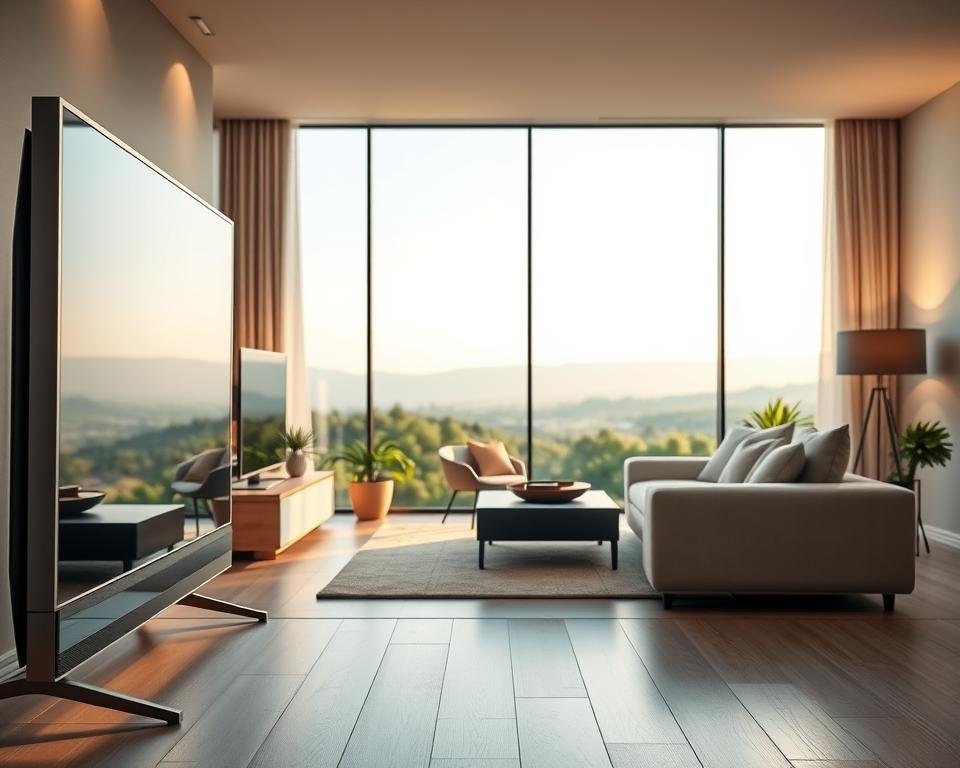 A serene and tranquil scene depicting the concept of "kwaliteit en stabiliteit garantie". In the foreground, a sturdy, high-quality television set stands prominently, its sleek design and premium finish conveying a sense of reliability and durability. The midground features a cozy, well-appointed living room, with plush furniture and warm lighting, creating a comfortable and inviting atmosphere. In the background, a panoramic window offers a picturesque view of a serene, natural landscape, symbolizing the stability and tranquility that the IPTV service promises to deliver. The overall composition is captured through a wide-angle lens, emphasizing the harmony and balance of the scene, with soft, diffused lighting that enhances the sense of quality and stability.