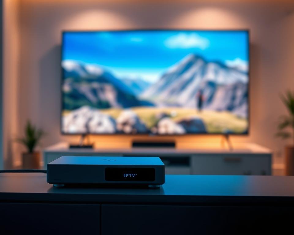 A serene, high-definition streaming scene. In the foreground, a sleek IPTV device sits atop a modern, minimalist entertainment unit, its indicator lights softly glowing. In the middle ground, a large, ultra-high-definition television displays crystal-clear video, the colors vibrant and the motion smooth. The background is a calming, blurred living room, filled with warm, indirect lighting that creates a cozy, inviting atmosphere. The entire scene conveys a sense of stability, reliability, and superior audiovisual quality, perfectly suited to illustrate the "Superieure Kwaliteit en Stabiliteit" section of the article.