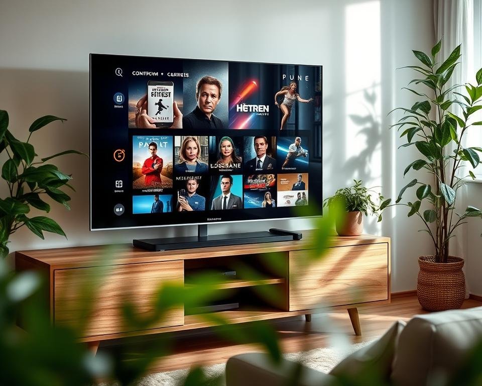 A serene home entertainment setup with a sleek modern TV displaying an IPTV interface, showcasing a curated selection of films and series. The TV is positioned on a minimalist wooden console, surrounded by ambient lighting and lush indoor plants, creating a cozy and inviting atmosphere. The scene is captured with a wide-angle lens, emphasizing the harmonious integration of technology and nature, conveying the comfort and convenience of the "beste iptv service" for the discerning viewer. A serene home entertainment setup with a sleek modern TV displaying an IPTV interface, showcasing a curated selection of films and series. The TV is positioned on a minimalist wooden console, surrounded by ambient lighting and lush indoor plants, creating a cozy and inviting atmosphere. The scene is captured with a wide-angle lens, emphasizing the harmonious integration of technology and nature, conveying the comfort and convenience of the "beste iptv service" for the discerning viewer.