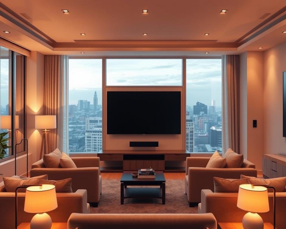 A serene living room interior with a large flat-screen TV mounted on the wall. Cozy armchairs and a plush sofa face the screen, creating an inviting setup for an immersive IPTV experience. Warm lighting from floor lamps and recessed ceiling fixtures creates a comfortable, relaxing ambiance. The room is adorned with minimalist decor, allowing the TV to take center stage. An open window in the background offers a picturesque view of a city skyline, hinting at the connectivity and accessibility of IPTV technology. The overall scene conveys the convenience, entertainment, and comfort of using IPTV services in the comfort of one's own home.