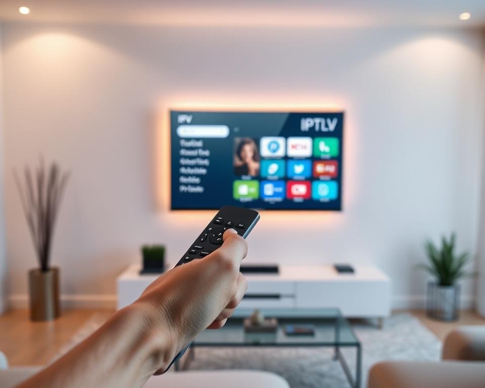 A serene living room with a sleek smart TV mounted on the wall, displaying a crystal-clear IPTV interface. Soft, warm lighting illuminates the space, creating a cozy atmosphere. In the foreground, a hand holds a modern remote control, seamlessly navigating the intuitive on-screen menu. The background features minimalist decor, emphasizing the technological focus. The entire scene conveys a sense of effortless, uninterrupted IPTV streaming, free from buffering or interruptions. A serene living room with a sleek smart TV mounted on the wall, displaying a crystal-clear IPTV interface. Soft, warm lighting illuminates the space, creating a cozy atmosphere. In the foreground, a hand holds a modern remote control, seamlessly navigating the intuitive on-screen menu. The background features minimalist decor, emphasizing the technological focus. The entire scene conveys a sense of effortless, uninterrupted IPTV streaming, free from buffering or interruptions.